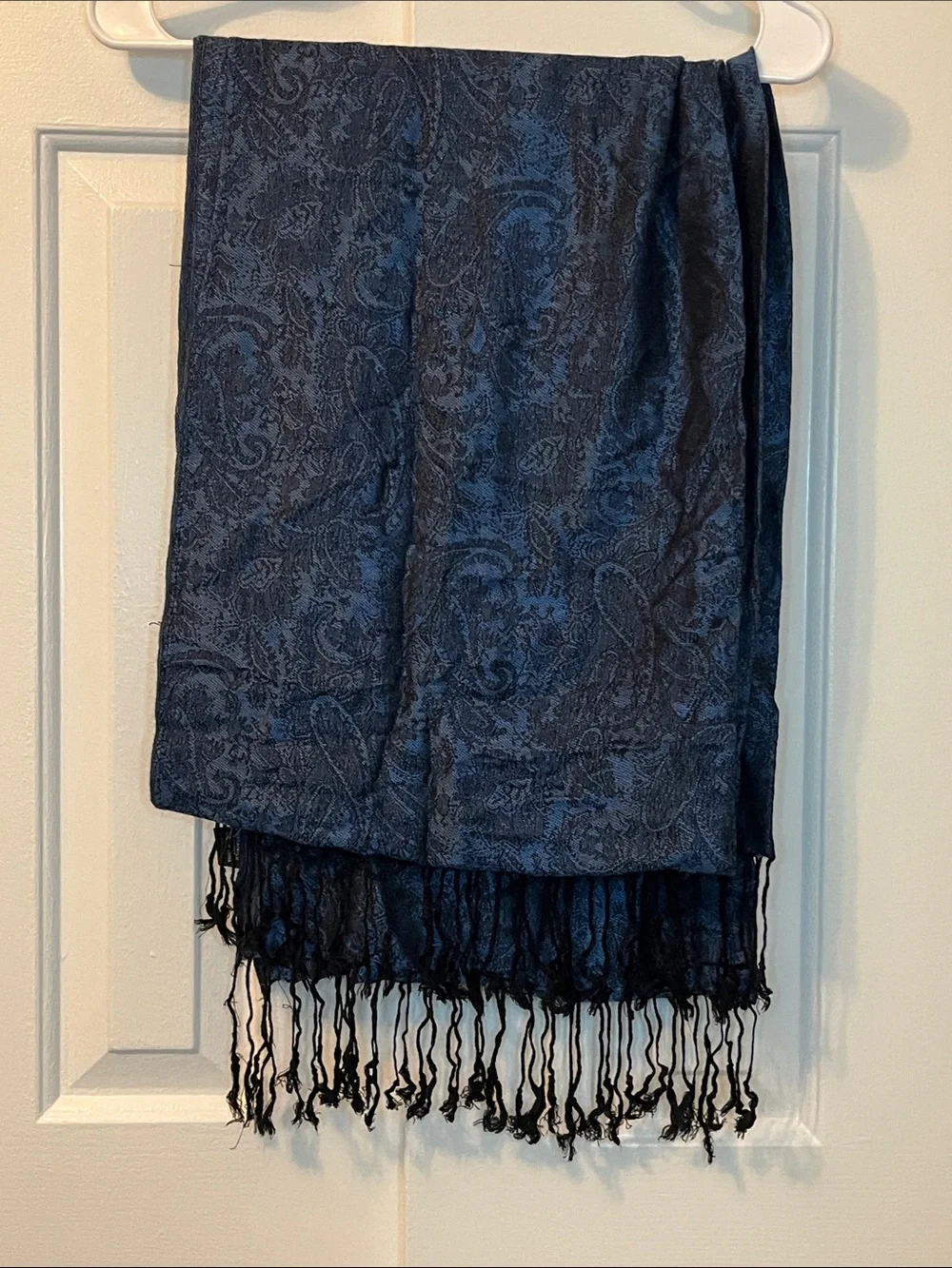 Blue Paisley Viscose Long Scarf With Fringe